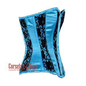 Plus Size Baby Blue Satin With Black Net Gothic Overbust Burlesque Corset