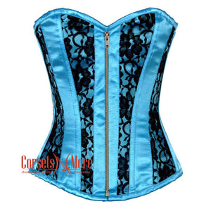 Plus Size Baby Blue Satin With Black Net Front Antique Zipper Gothic Overbust Burlesque Corset