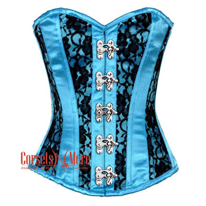 Plus Size Turquoise Satin With Black Net Gothic Overbust Burlesque Corset