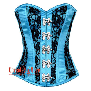 Turquoise Satin With Black Net Gothic Overbust Burlesque Corset