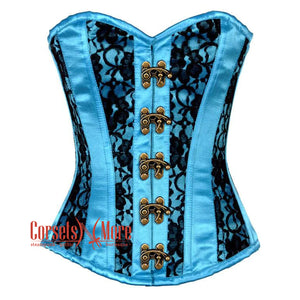 Baby Blue Satin With Black Net Front Clasps Gothic Overbust Burlesque Corset