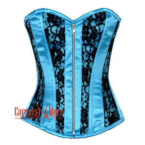 Baby Blue Satin With Black Net Front Zipper Gothic Overbust Burlesque Corset