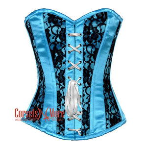 Baby Blue Satin With Black Net Front Ribbon Gothic Overbust Burlesque Corset