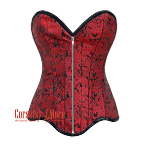 Red Brocade Bottom With Curvy Design Front  Silver Zipper Steampunk Gothic Overbust Corset