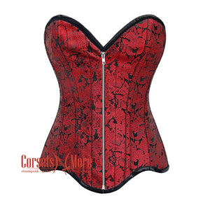 Plus Size Red Brocade Bottom With Curvy Design Front  Silver Zipper Steampunk Gothic Overbust Corset