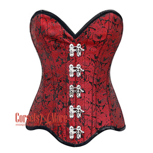 Red Brocade Bottom With Curvy Design Front Clasps Steampunk Gothic Overbust Corset