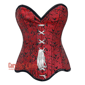 Red Brocade Curvy Design Front Ribbon Steampunk Gothic Overbust Corset