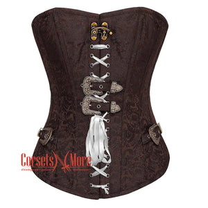 Brown Brocade Steampunk  Front Ribbon Gothic Overbust Corset