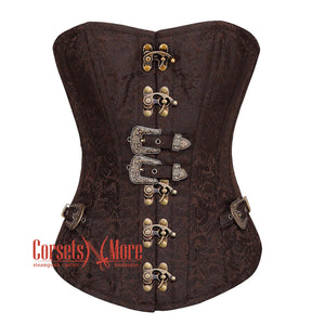 Plus Size Brown Brocade Steampunk Front Antique Clasps Gothic Overbust Corset