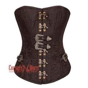 Brown Brocade Steampunk Front Antique Clasps Gothic Overbust Corset