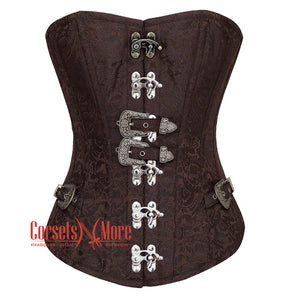 Brown Brocade Steampunk Front Silver Clasps Gothic Overbust Corset