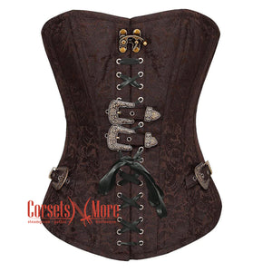 Brown Brocade Steampunk Front Black Ribbon Gothic Overbust Corset