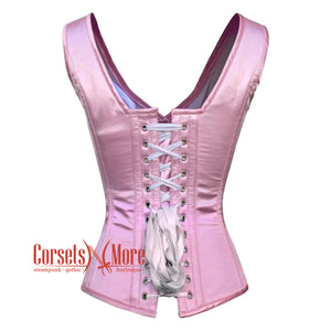 Baby Pink Satin With Front Silver Clasps Gothic Overbust Burlesque Corset Waist Training Top