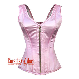 Baby Pink Satin With Antique Zipper Gothic Overbust Burlesque Corset Waist Training Top