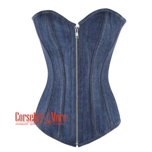 Blue Denim With Silver Zipper Gothic Overbust Burlesque Corset Waist Training Top