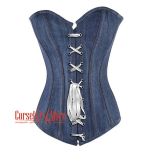 Blue Denim With Front White Lace Gothic Overbust Burlesque Corset Waist Training Top
