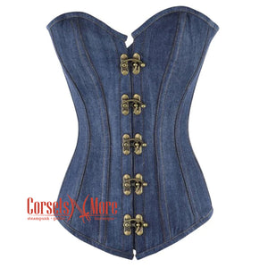 Blue Denim With Front Clasps Gothic Overbust Burlesque Corset Waist Training Top