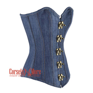 Blue Denim With Front Clasps Gothic Overbust Corset Top