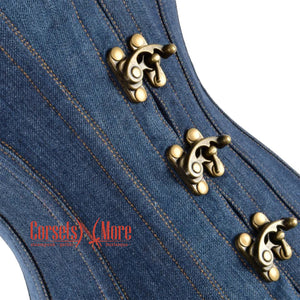 Blue Denim With Front Clasps Gothic Overbust Corset Top