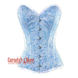 Baby Blue And White Brocade With Front Silver Busk Overbust Corset