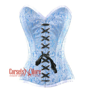 Baby Blue And White Brocade With Front Lace Overbust Corset