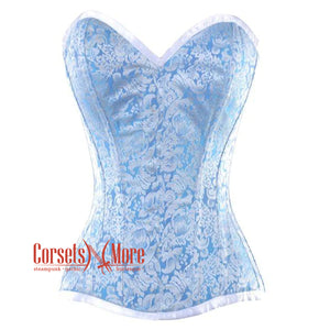 Baby Blue And White Satin With Front Close Overbust Corset