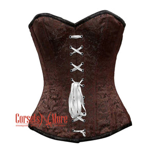 Brown Brocade With Front White Lace Overbust Corset