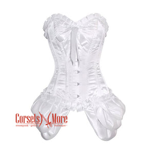 White Satin Frill  With Front Silver Busk Overbust Corset