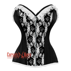 Black And White Satin With Front Silver Zipper Overbust Corset
