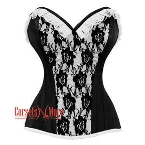 Black And White Brocade With Front Close Overbust Corset