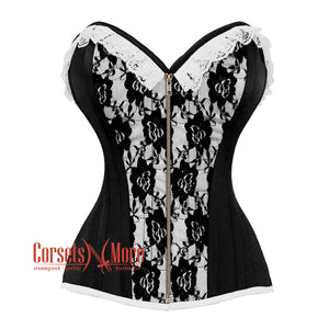 Black And White Satin With Front Antique Zipper Overbust Corset