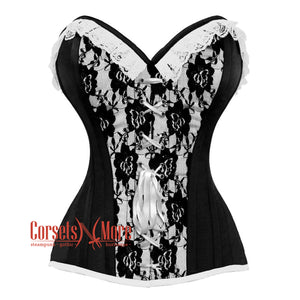 Black And White Satin With Front White Ribbon Overbust Corset