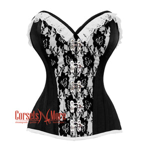 Black And White Satin With Front Clasps Overbust Corset
