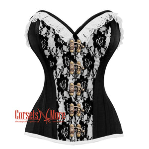 Black And White Satin With Front Antique Clasps Overbust Corset