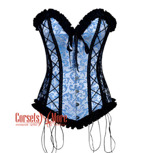 Turquoise Brocade With Frill And Lace Design  Long Overbust Corset