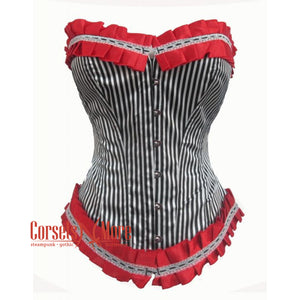 Black And White Cotton Striped With Red Frill Gothic Overbust Corset