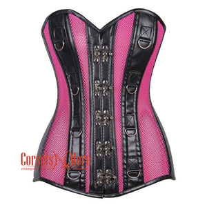 Pink Mesh Black Faux Leather Long Steampunk Overbust Bustier Corset
