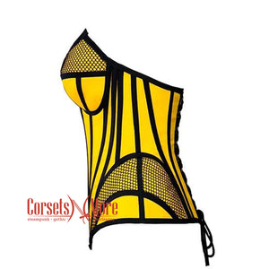 Yellow Satin black mesh Zipper Steampunk Overbust Bustier Corset