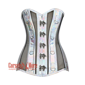 Black Mesh Holographic Faux Leather Long Steampunk Overbust Bustier Corset