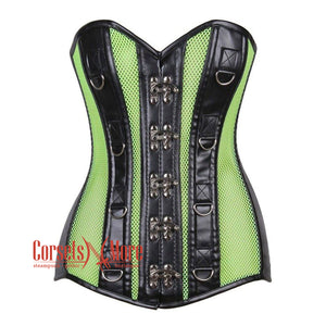 Green Mesh Black Faux Leather Long Steampunk Overbust Bustier Corset