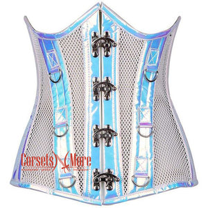 White Mesh Silver Faux Leather Steampunk Underbust Bustier Corset