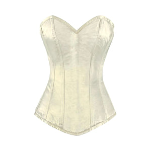 Ivory Satin Long Burlesque Front Closed Overbust Corset