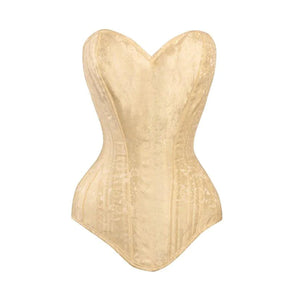 Ivory Brocade Long U Shaped Burlesque Front Closed Overbust Corset