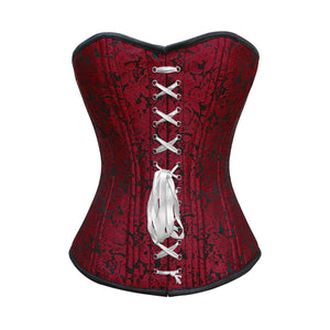 Red Brocade With Front White Ribbon Double Bone Overbust Corset