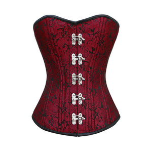 Red Brocade With Silver Clasps Ribbon Double Bone Overbust Corset
