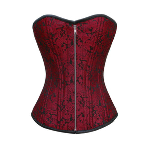 Red Brocade With Front Zipper Double Bone Overbust Corset