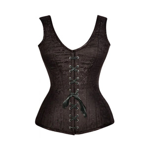 Brown Brocade Shoulder Strap Gothic With Front Black Ribbon Overbust Corset