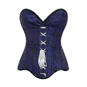 Blue Brocade Gothic With Front White Ribbon Overbust Corset