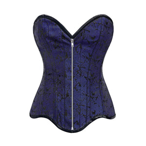 Blue Brocade Gothic With Front Zipper Overbust Corset