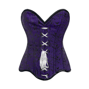 Purple Brocade Gothic With Front White Ribbon Overbust Corset
